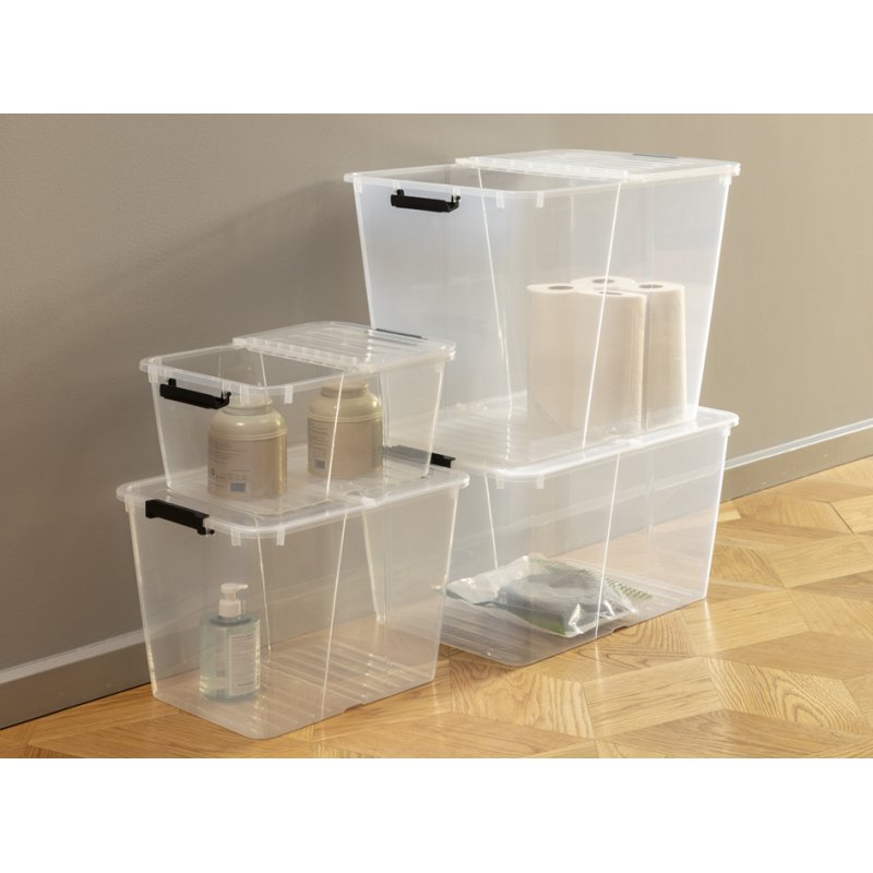 plast team boîte de rangement Home Box Flex, 50 litres, transparent, clips noirs